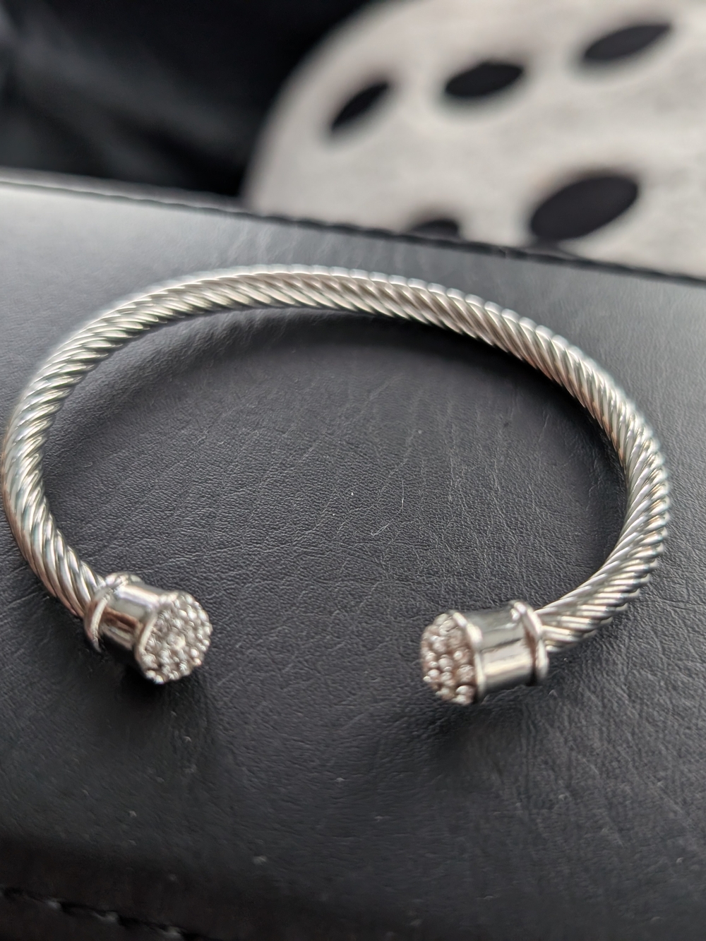 Silver Twisted Cable Open Cuff Bracelet with Pave End Caps
